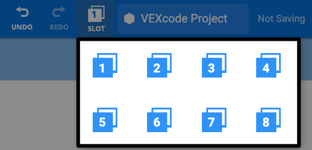 The same close up view of the Toolbar in VEXcode AIM, now with the slot selection menu open. Squares numbered 1 through 8 are shown, indicating the available slots to select. 