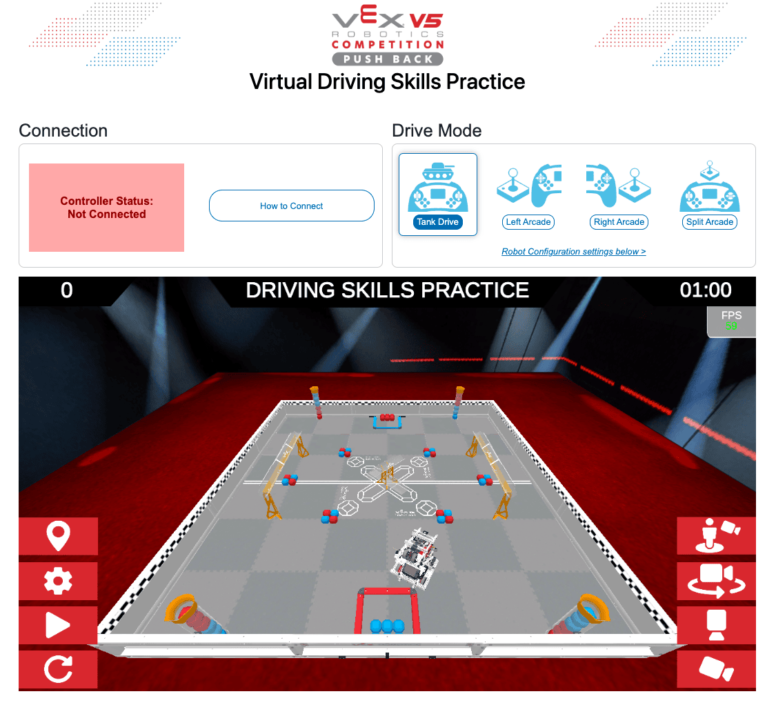 The homepage of V5RC Push Back Virtual Driving Skills showing the field at the start of the match and drive mode options.