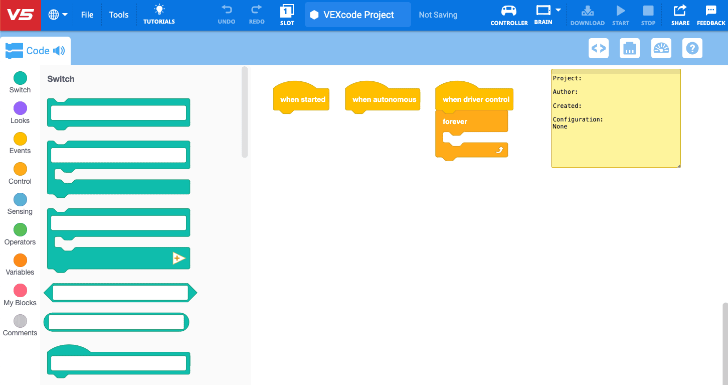 VEXcode V5 blocks interface showing the competition template project open. In the workspace are three stacks of blocks: a when started, a when autonomous, and a when driver control with an empty forever block attached to the last one. A blank note has space to write the project, author, created date, and configuration.