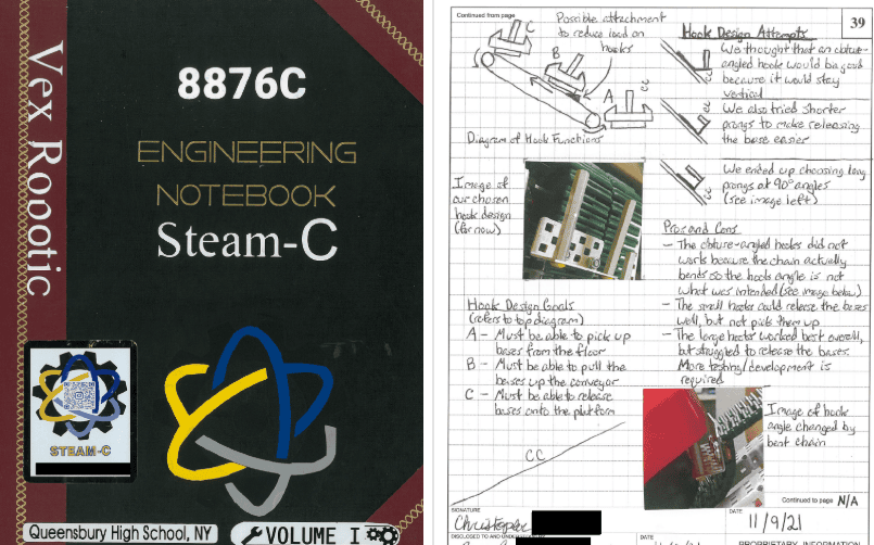 An example engineering notebook shows the cover of the notebook for team 8876C on the left with a sample page on the right showing sketches, photos, and documentation of Hook design attempts, pros and cons, and hook design goals. 