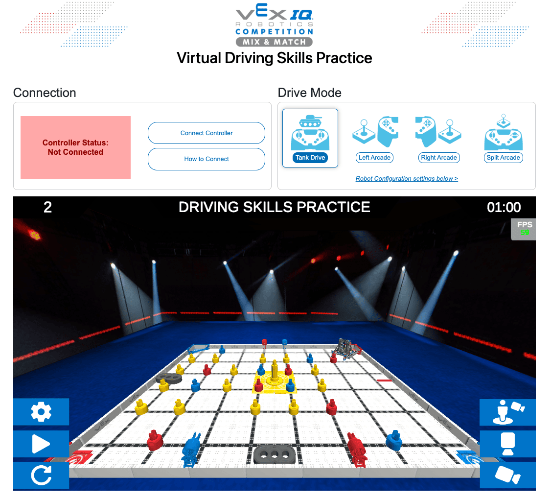 Een screenshot van het startscherm van VIQRC Virtual Driving Skills. Hierop is te zien dat het oefenterrein voor rijvaardigheden open is aan het begin van een wedstrijd. Bovenaan staan de verbindingsstatus en de opties voor de rijmodus.