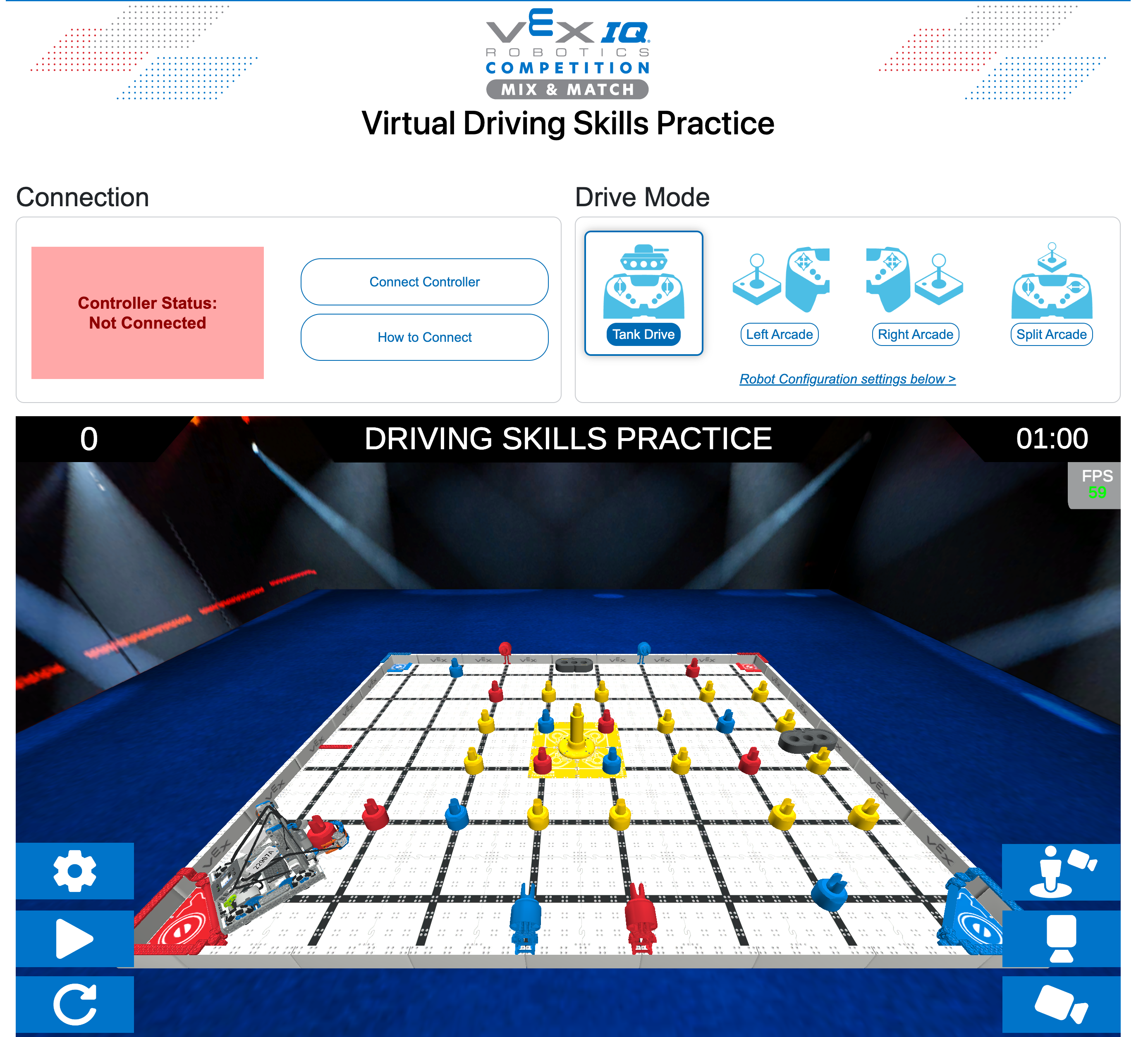 Captura de ecrã da página web de competências de condução virtual do VIQRC. Página inicial que mostra as opções do modo de condução e o campo no início de uma partida Mix & Match.
