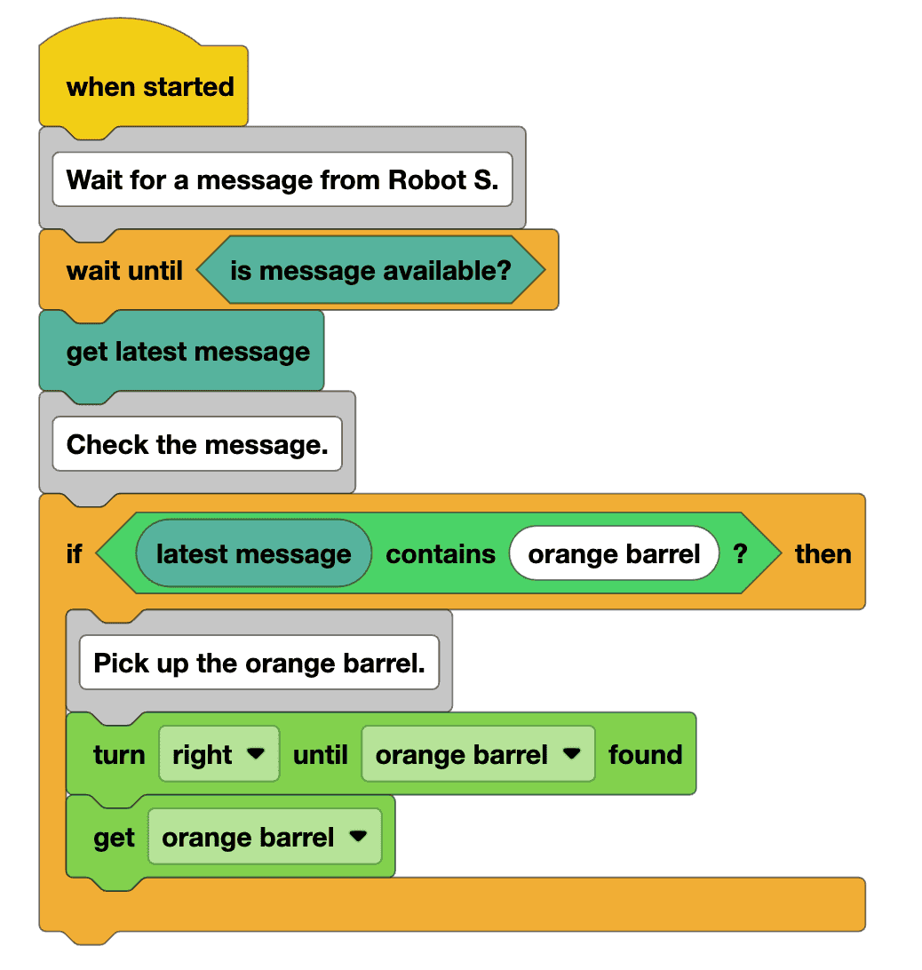A VEXcode project that reads: When started, followed by a comment reading Wait for a message from Robot R. Wait until is message available? Get latest message. Then a comment reading Check the message, followed by if latest message contains orange barrel, then. Inside the if block, a comment reads pick up the orange barrel, followed by Turn right until orange barrel found, get orange barrel.