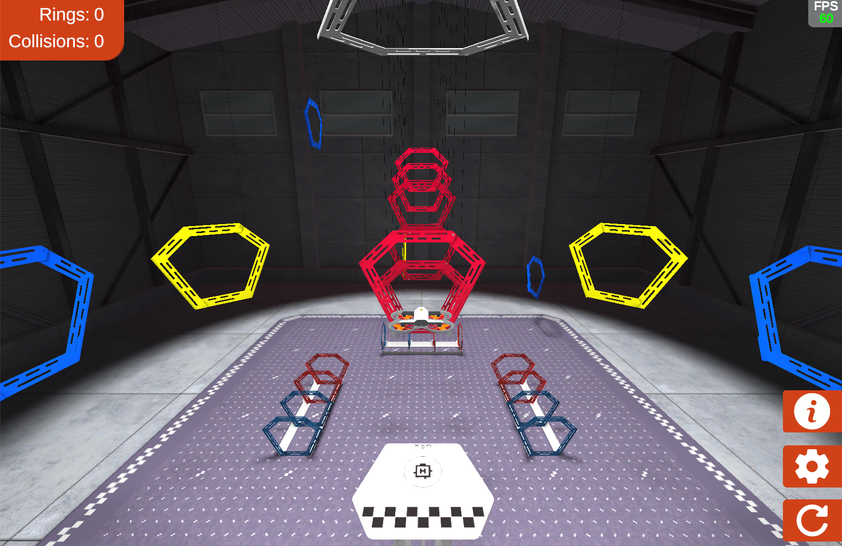 A screenshot of the VEX AIR Flight Simulator Rings layout with the drone hovering above the platform, and the rings visible around the field.