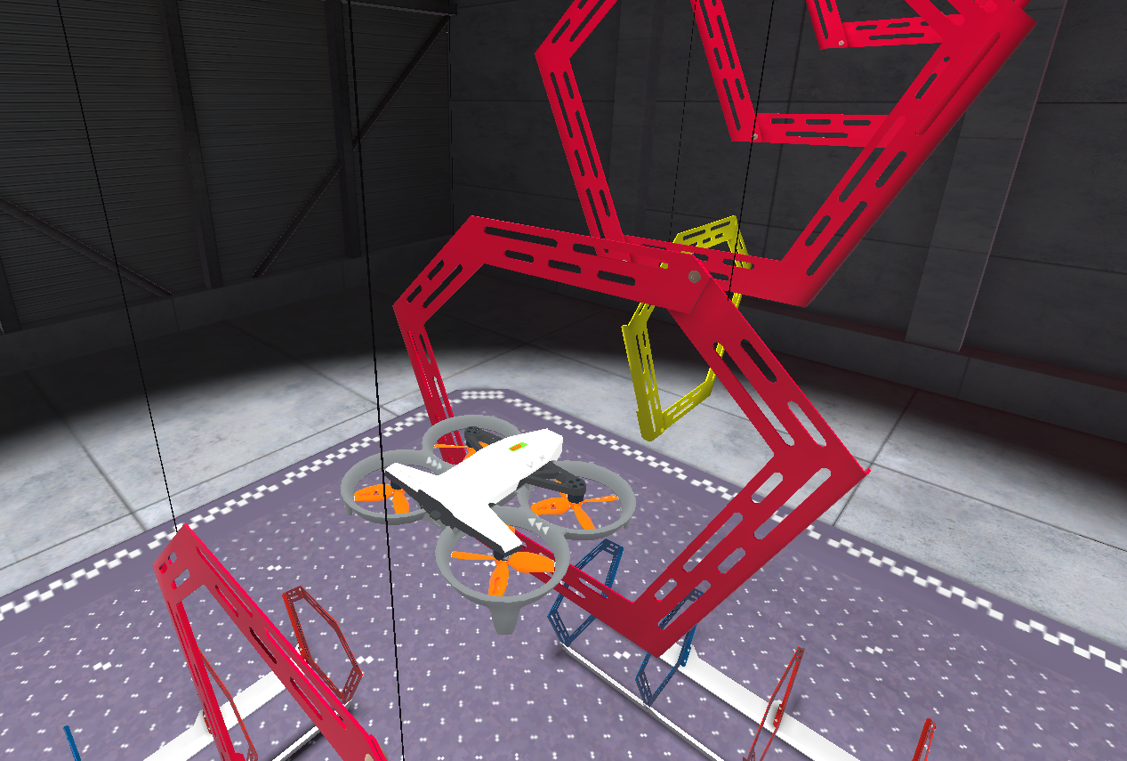 A screenshot of the drone flying through the third red ring in the ring tunnel on the field.