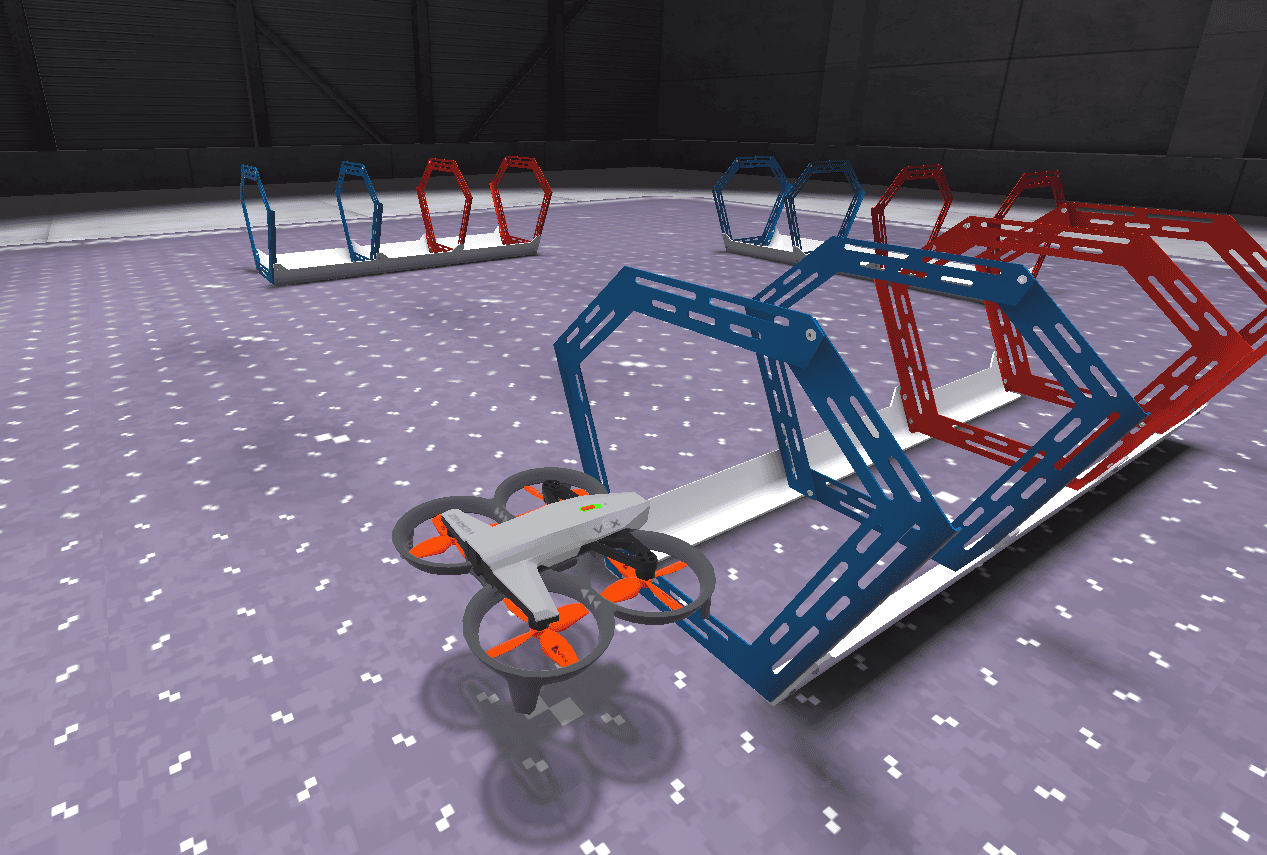 VEX AIR Drone flying in the simulator about to enter a blue ring on the floor of the field.