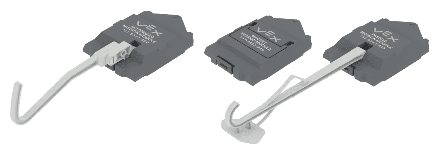 Three VEX AIR Modules from left to right - the Passive Module, Magnet Module, and Motorized Hook Module.