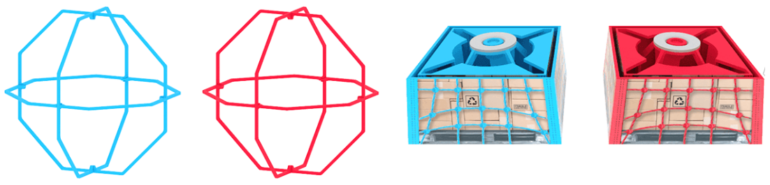 A blue orbit ball, a red orbit ball, a blue cargo, and a red cargo arranged from left to right in a horizontal row.