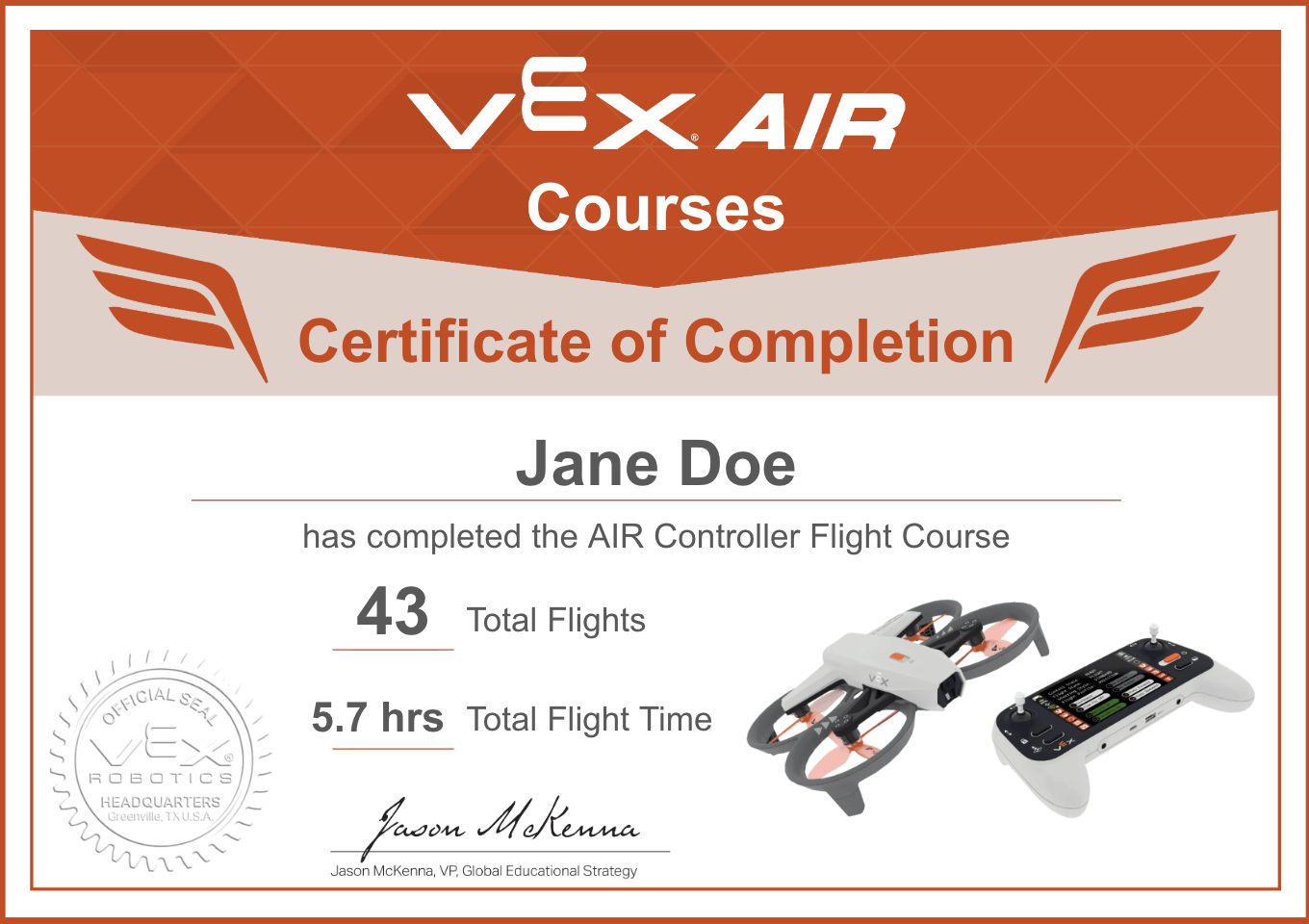 Sample certificate showing a student's total number of flights and total flight time.