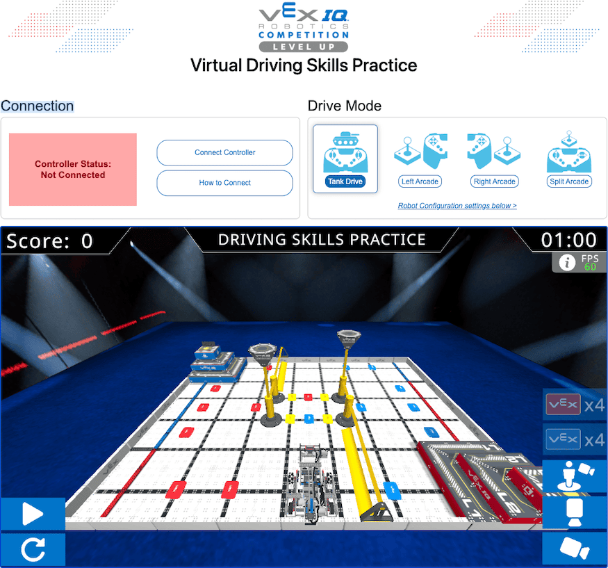 A screenshot of the home screen of VEX IQ Robotics Competition Virtual Driving Skills, showing the Driving Skills Practice Playground open at the start of a match and the connection status and drive mode options across the top.