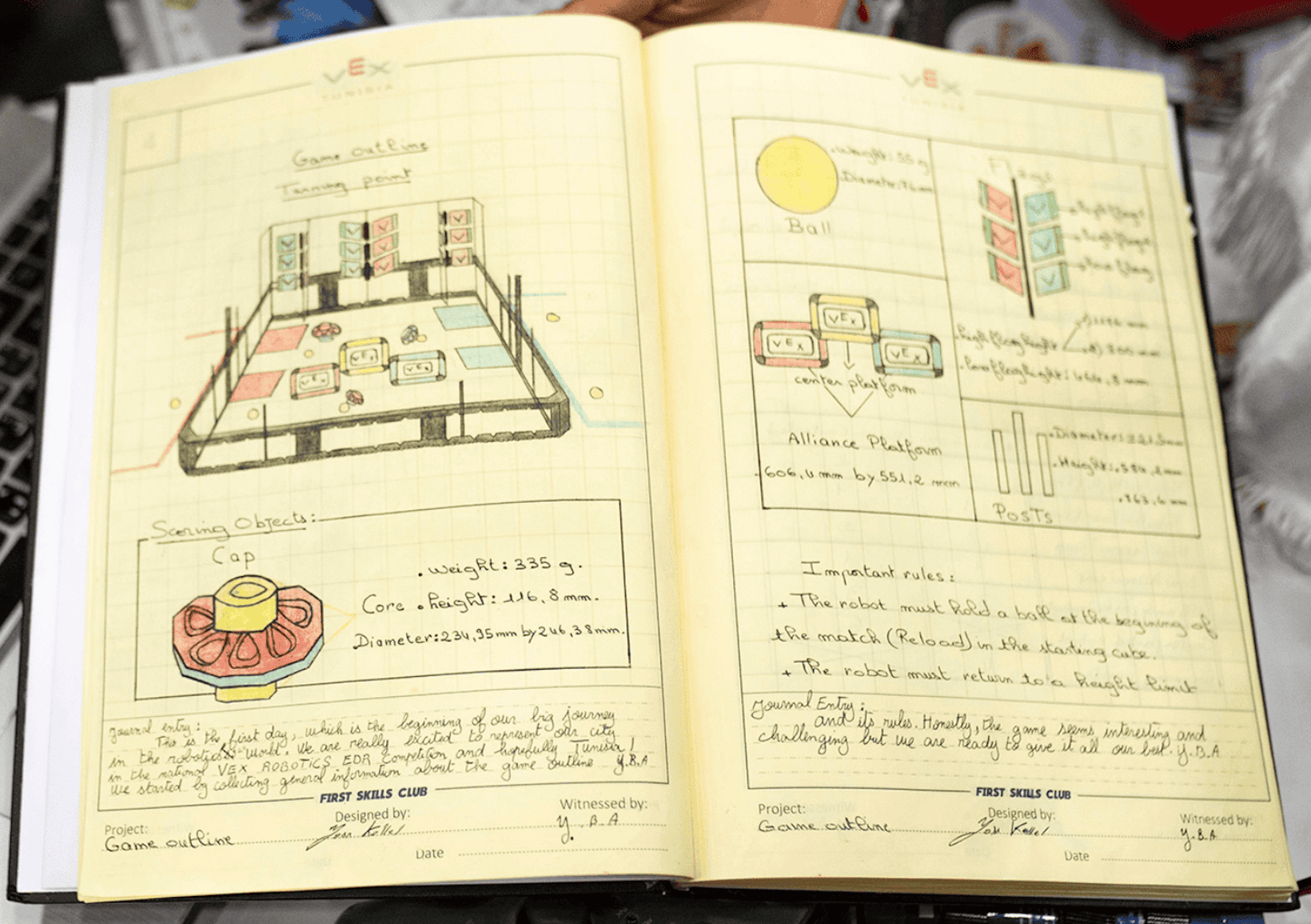 Engineering notebook pages with game field sketch and notes.