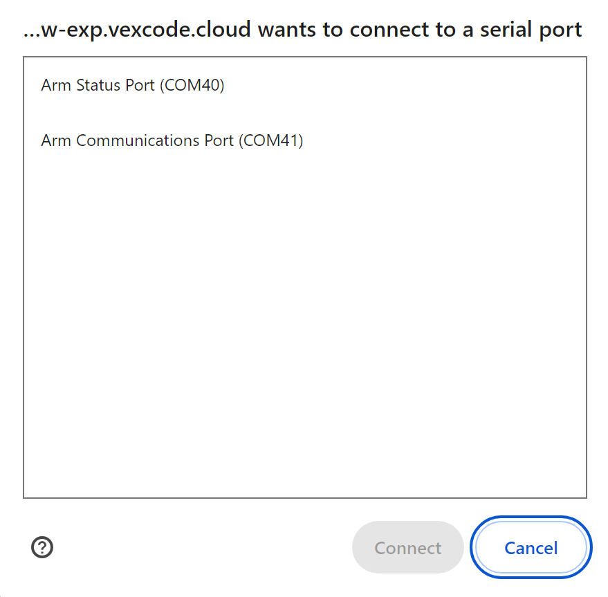 Browser pop up window to connect to the 6-Axis Arm. Two connection options are listed, one reads Arm Status Port (COM40) and the other reads Arm Communications Port (COM41).