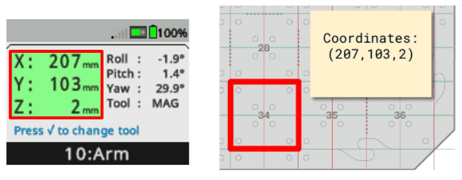 A side by side image of the Arm Dashboard on the brain to the left and an engineering notebook snippet to the right. The Arm Dashboard has the X, Y, Z coordinates highlighted. They read X :207, Y: 103 and Z: 2mm. The coordinates listed for Tile location 34 in the engineering notebook read (207, 103, 2).