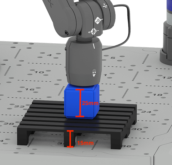 The same image as before with the Magnet Pickup Tool placed on top of a blue cube that is on a pallet. Red lines show the height of the objects in the image. The pallet is labeled as being 15 mm tall. The blue cube is labeled as being 25 mm tall.