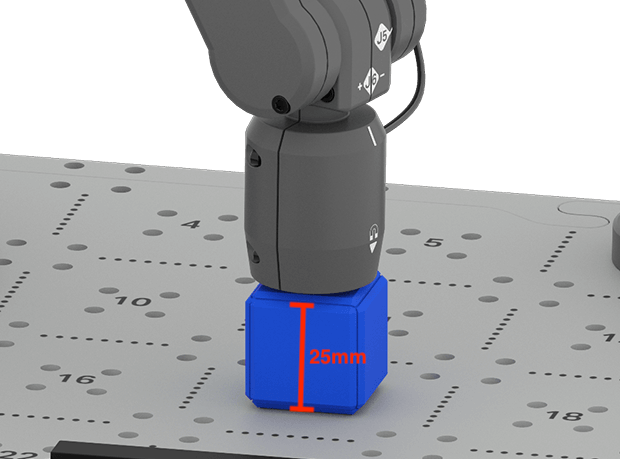 The same image showing the 6-Axis Arm's Magnet Tool placed on top of a blue cube on position 17. A red line measures the height of the blue cube and is labeled with the measurement, reading 25 mm.
