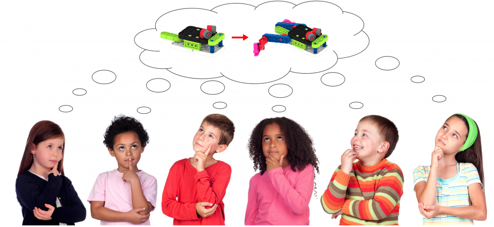 Yüzlerinde düşünceli ifadeler olan altı çocuktan oluşan bir sıra ve başlarının üstünde ortak bir düşünce balonu. Düşünce balonunda, yapının her iki aşaması da yan yana ve onları birbirine bağlayan bir okla gösterildiğinden, kurbağa yavrusunun bacaklı kurbağa yavrusuna nasıl dönüştürüleceği resmediliyor.