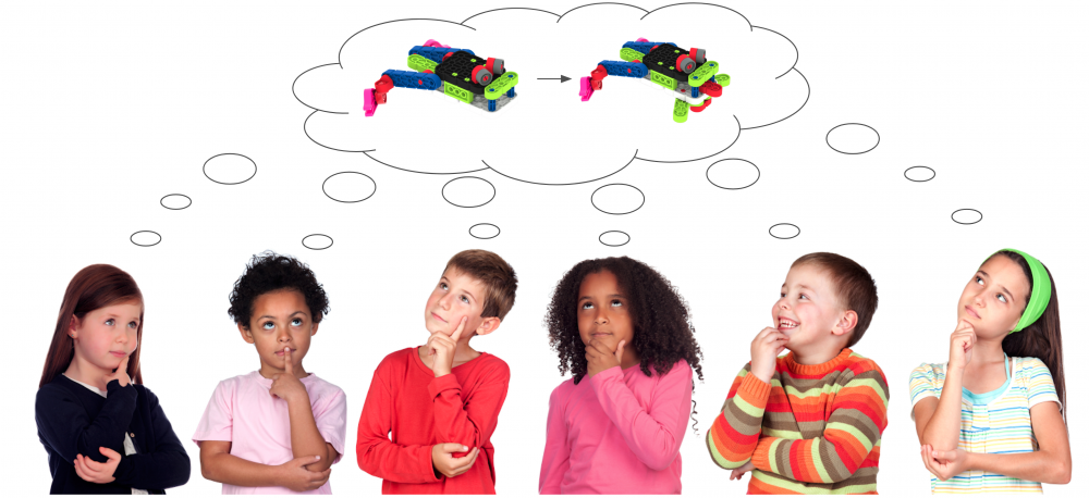 A row of six children with thoughtful expressions on their faces and a shared thought bubble above their heads. In the thought bubble they are picturing how to transform the tadpole to the tadpole with legs as both phases of the build are shown side by side with an arrow connecting them.