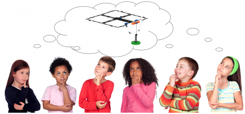 A group of six children stand in a row with thoughtful expressions on their faces. A shared thought bubble above their head pictures the pendulum build, indicating that they are thinking about how it works.