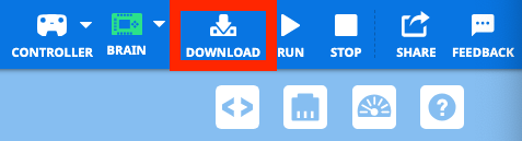 The Download button in the VEXcode EXP Toolbar, to the right of the Brain icon, highlighted in a red box.