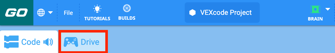 ചുവന്ന ബോക്സിൽ ഡ്രൈവ് ടാബ് ബട്ടൺ വിളിക്കപ്പെടുന്ന VEXcode GO ടൂൾബാർ.