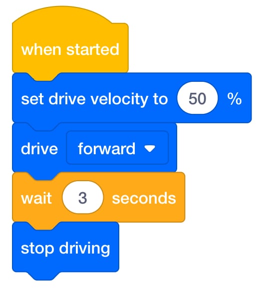VEXcode GO blocks project that drives at a custom velocity for 3 seconds and then stops. The project reads: When started, set drive velocity to 50%, drive forward, wait 3 seconds, and then stop driving.