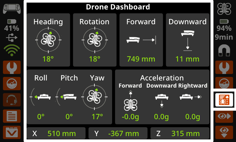 Screenshot from the VEX AIR Drone Controller's screen showing the Drone Dashboard. A highlight is on the dashboard and the button used to open the screen. On the Dashboard many different values are shown including heading, rotation, acceleration, roll, pitch, yaw, and more.