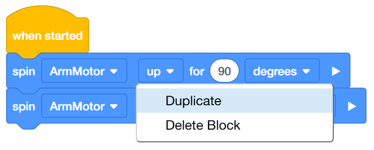 The Dropdown menu on a VEXcode Block, Showing a Mouse Hovering Over the 'Duplicate' Button