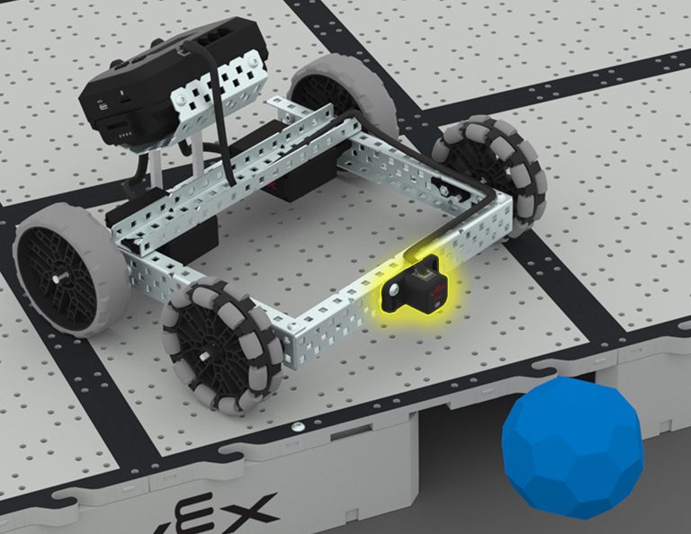 EXP Basebot pushing Buckyball off a raised field with the distance sensor highlighted.