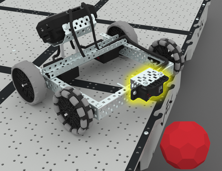 Basebot with Distance and Optical Sensor Highlighted Pushing a Buckyball off the field.