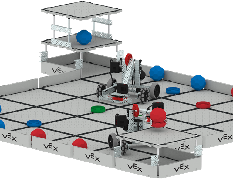 Two Clawbots working together to score game objects on opposite sides of the game field.