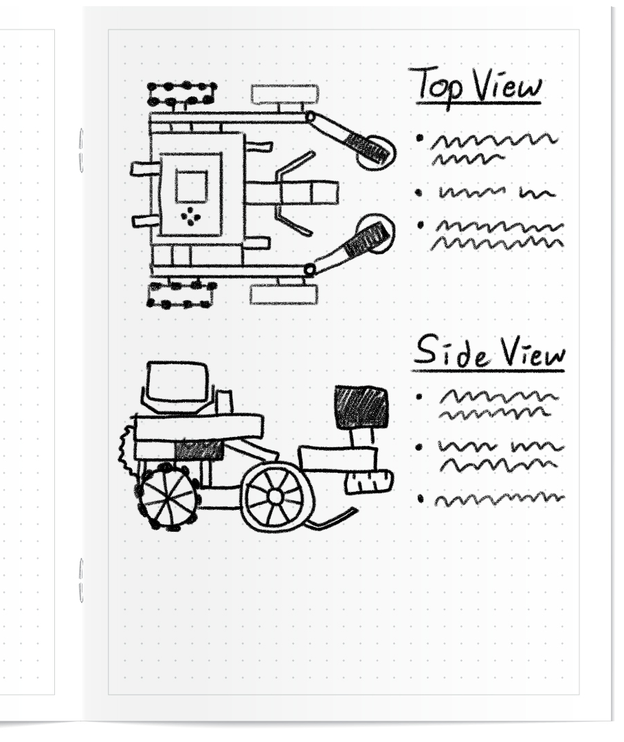 Notebook showing sketches of the Top View and Side View of the robot, with squiggle lines indicating notes about its features and functionality.