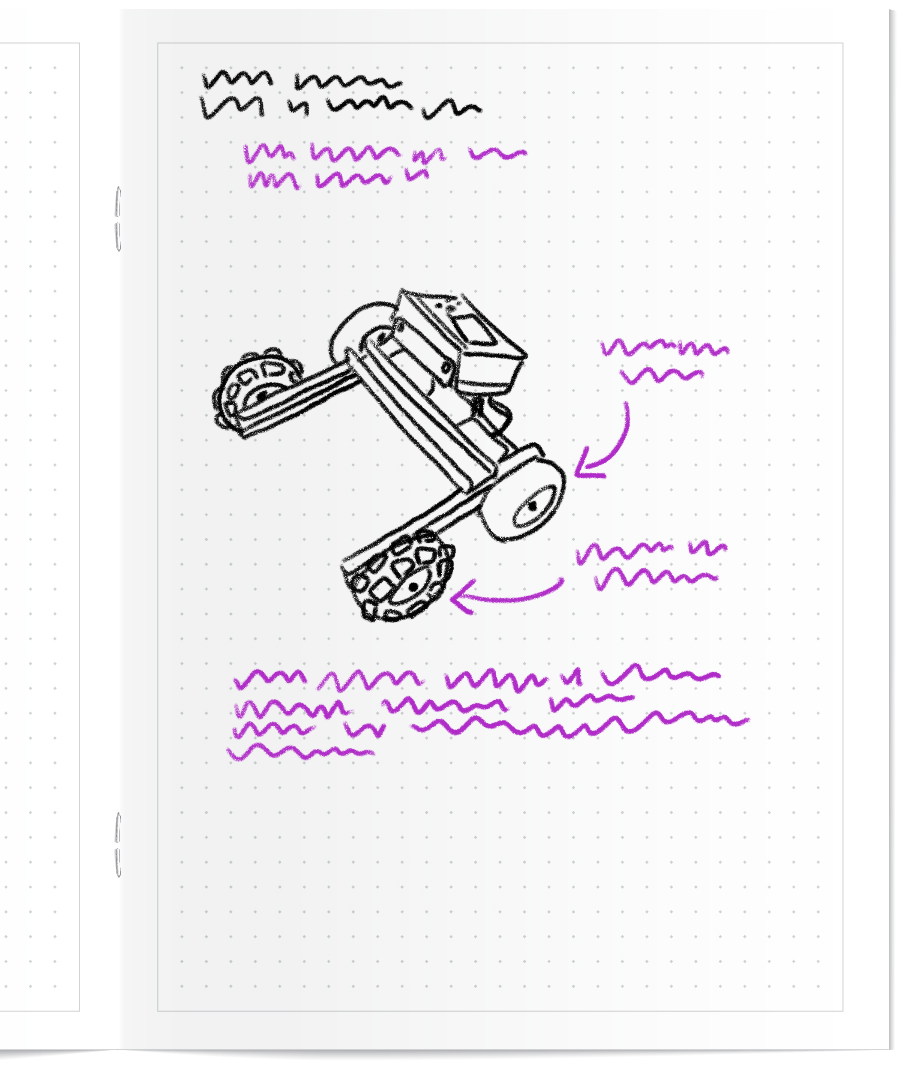 Engineering notebook with a sketch of the BaseBot and arrows and squiggly lines indicating notes about the robot's features.