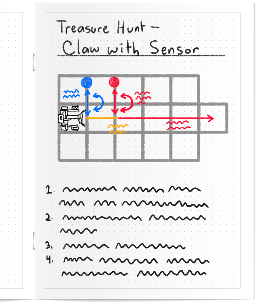 Notebook sketch of the game field, featuring a Clawbot and two Buckyballs. Colored arrows are drawn to indicate the autonomous instructions, like turning and driving forwards.