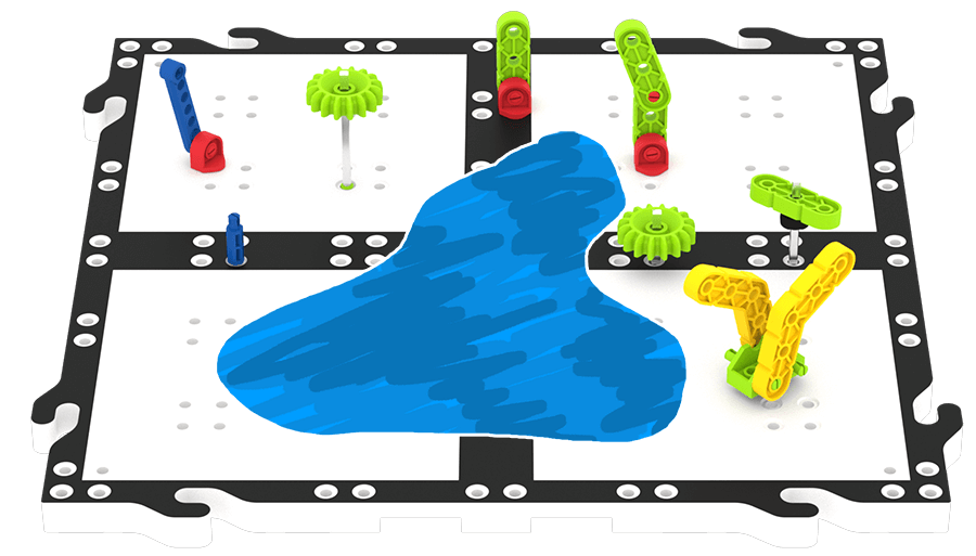 Um exemplo de habitat de sapo num bloco VEX GO com uma secção de água azul feita de papel de construção e várias plantas construídas com pedaços de VEX GO à sua volta.