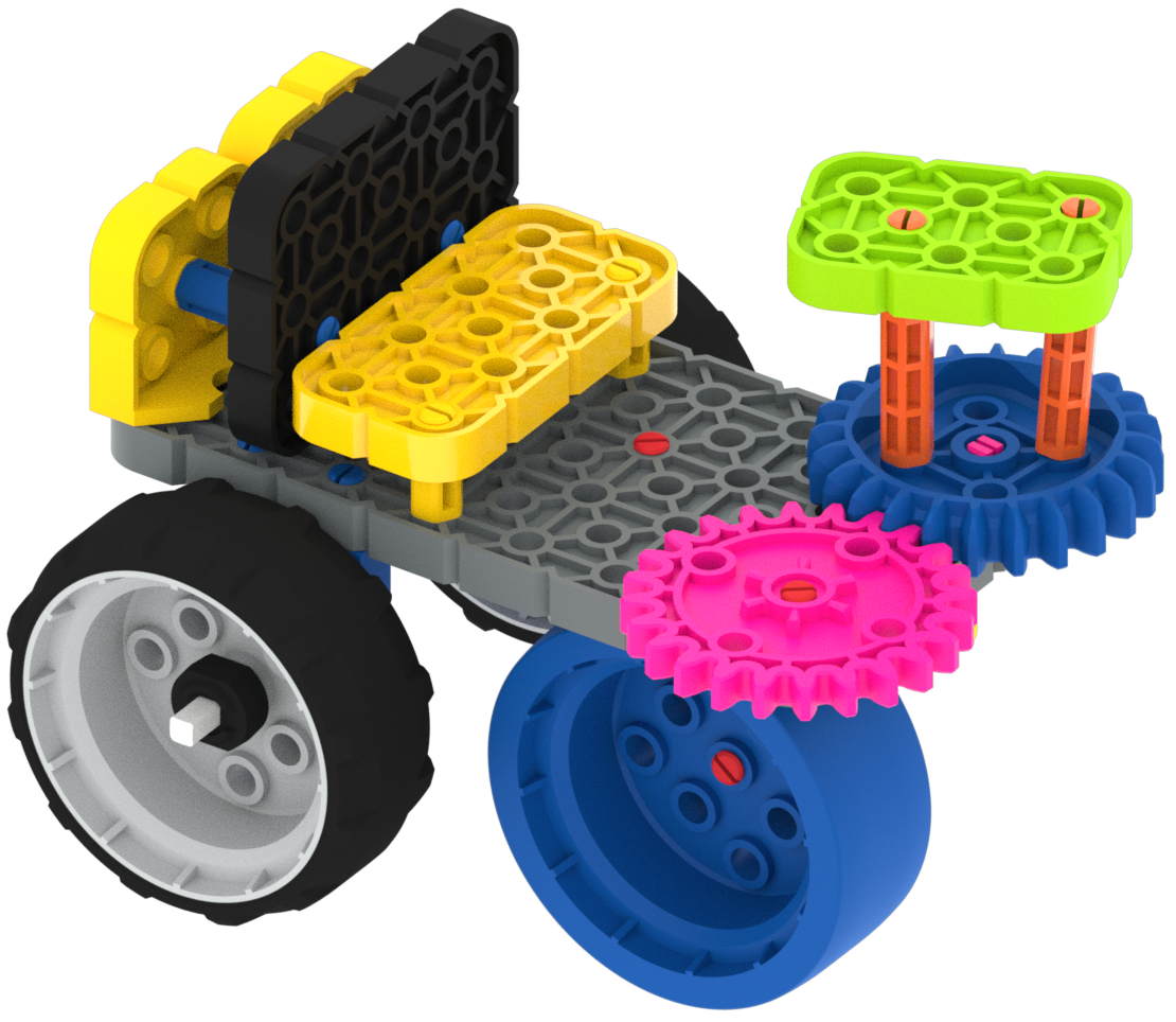 Example mars buggy build, with a thin platform, a seat for the astronaut, and three wheels with no motor. Two connected gears are attached on top of the platform, in this example a small platform is attached onto a gear is such a way that it will spin with the gear.