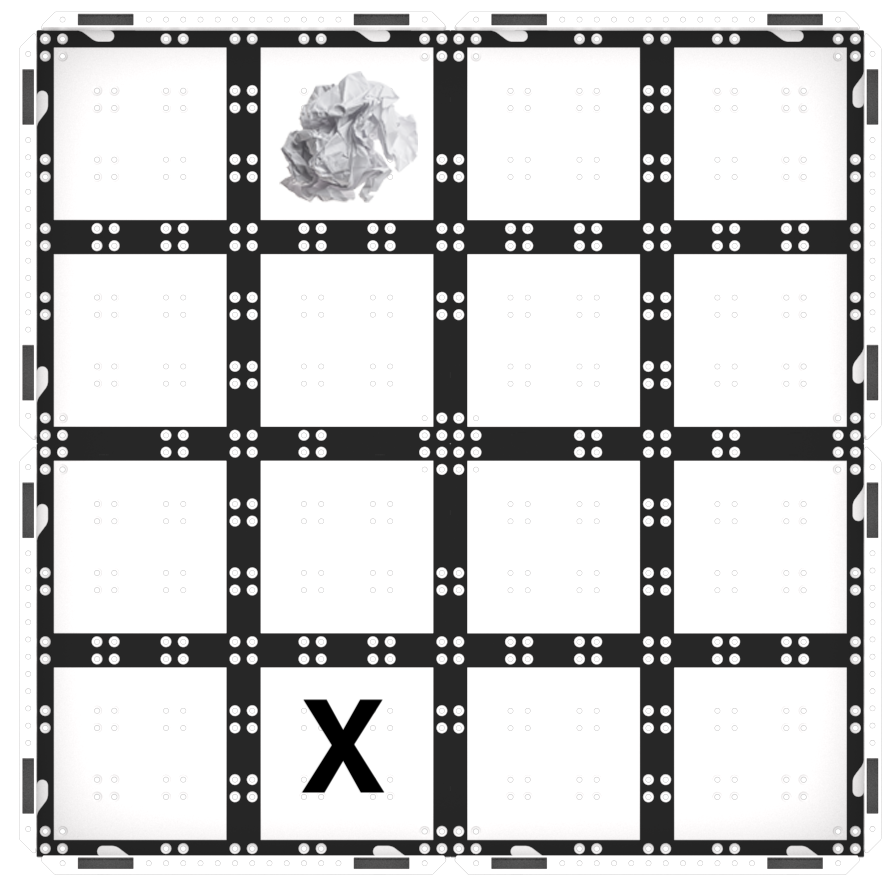 A top-down view of a GO field with a symbol marking the start position and a paper ball as an obstacle. The obstacle is directly above the starting position.