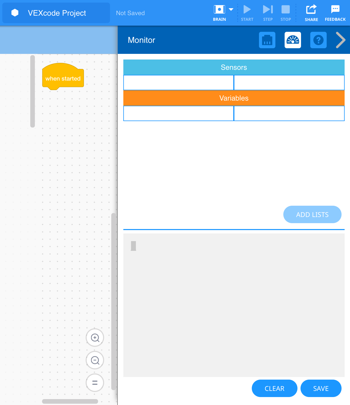 The Monitor Window in VEXcode GO, showing a table for Sensors and Variables values at the top and a print console on the bottom.