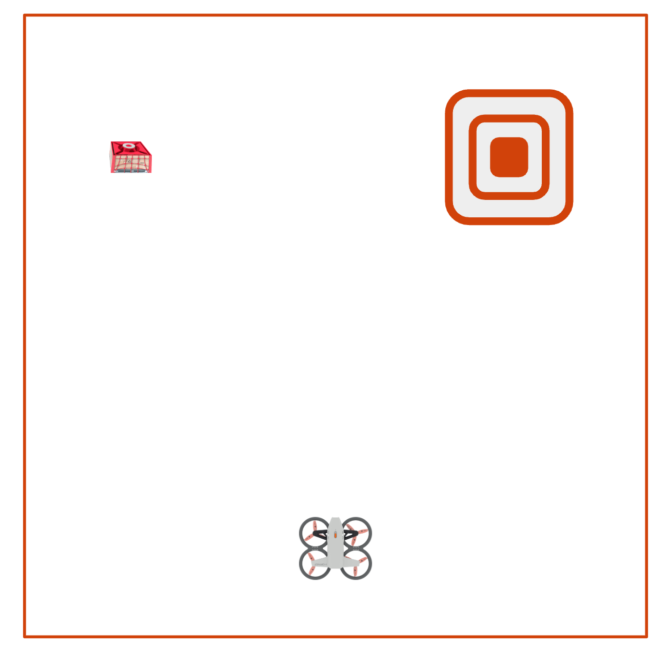 Flight area layout for the Hit the Mark mission. The drone is in the lower center of the field. A cargo object is shown near the top left corner and a target is shown in the top right corner.