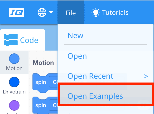 Image of the open examples option in the File menu in VEXcode IQ