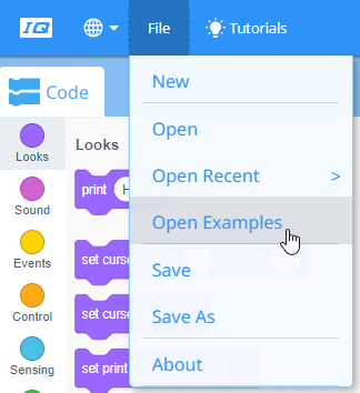 open example menu