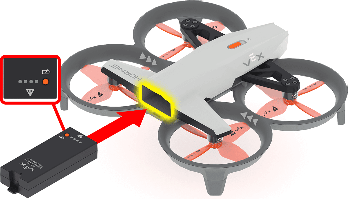 Drone with a highlight on the battery compartment at the back of the drone. A red arrow points at the compartment indicating how the battery should slide into the compartment with the up arrow and indicator section of the battery being inserted first and facing upwards.