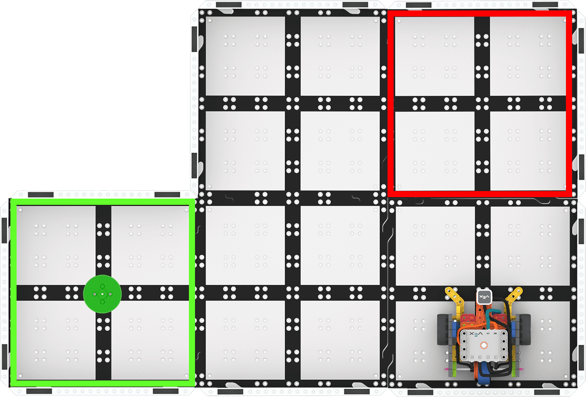 Código GO Base 2.0 no canto inferior direito do campo, que é composto por cinco peças, três na parte inferior e duas na parte superior direita. A área de entrega da vizinhança é o bloco de campo superior direito, marcado com uma borda vermelha, e a área do laboratório da célula de arrefecimento é o bloco inferior esquerdo e está marcada com uma borda verde.