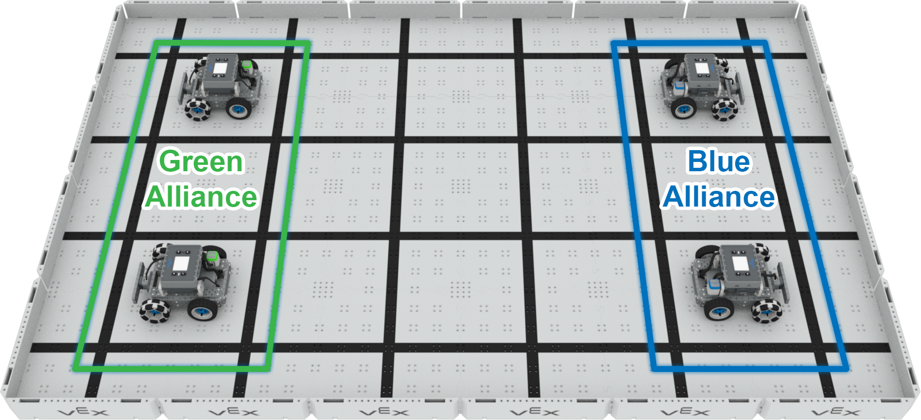 Team Freeze Tag match setup with the two BaseBots on the left identified as the Green Alliance, and two BaseBots on the right identified as the Blue alliance.