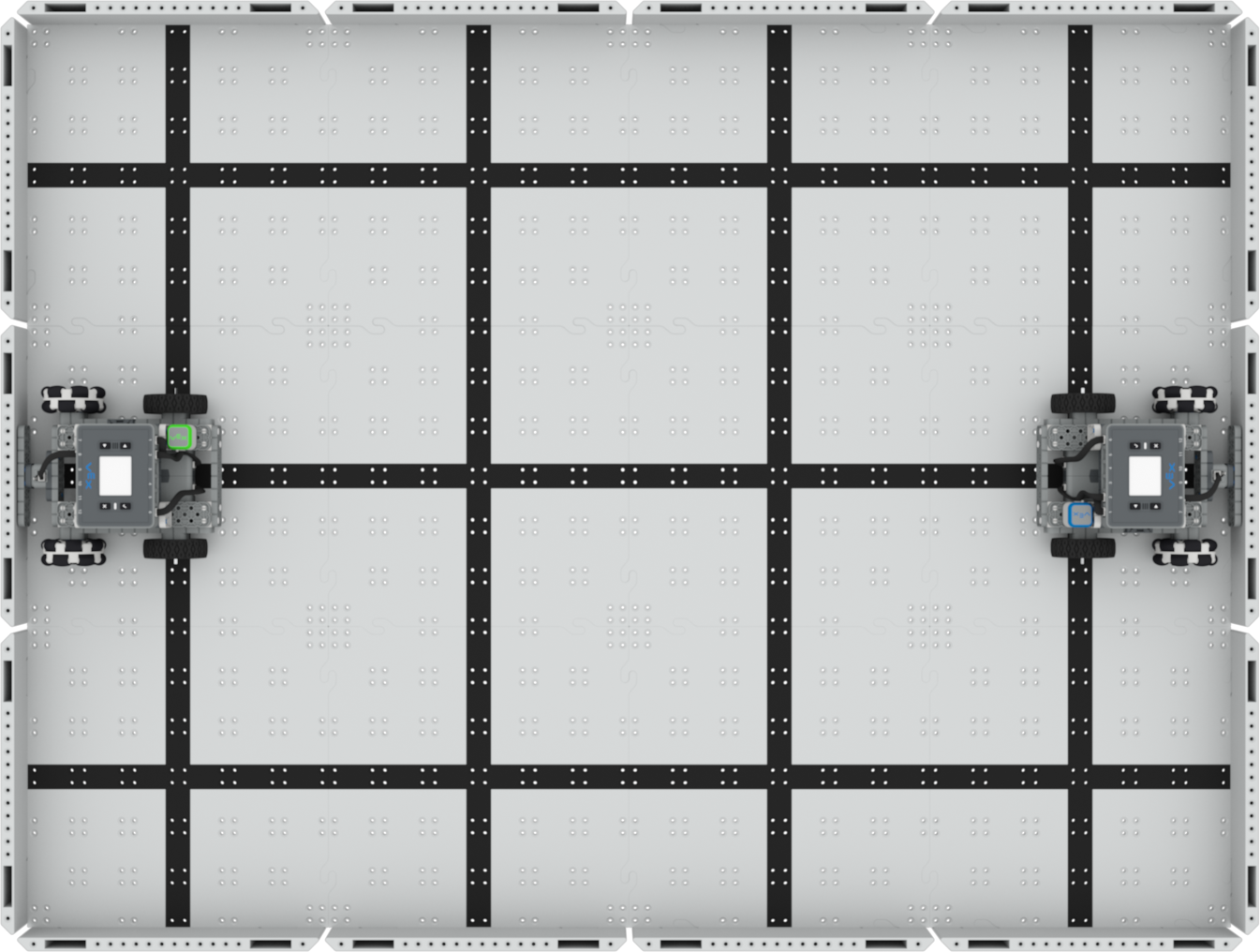 Top down view of the start of a one on one Freeze Tag match. A BaseBot with a green glowing TouchLED is against the left wall and a BaseBot with a blue glowing TouchLED is against the right wall directly opposite.