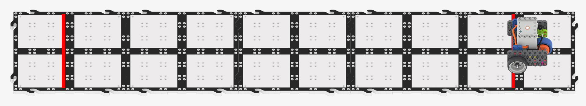 Uma vista de cima para baixo da configuração da rota do desfile, mostrando 5 blocos VEX GO ligados horizontalmente, com uma linha vermelha indicando o início e a paragem ao longo da primeira e da última linhas verticais pretas no campo, separadas por 48 polegadas. A Base de Código está no início, com as rodas pretas alinhadas com a linha vermelha na extremidade direita.