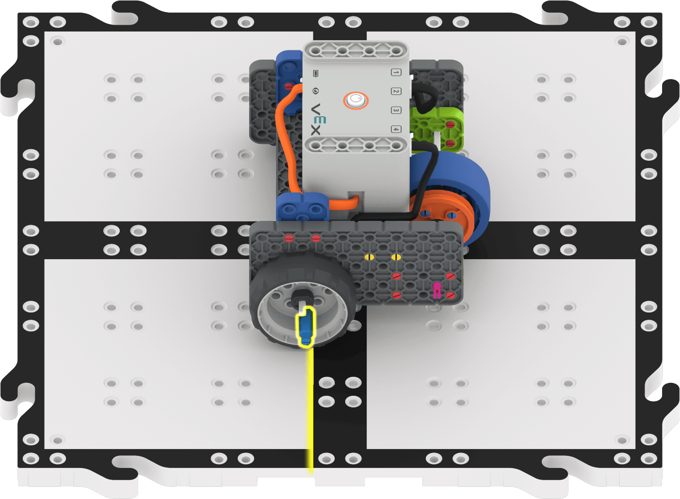 Code Base Robot with Blue Standoff on the wheel lined up with the front edge of the black line bisecting a VEX GO Tile to show how to position the robot on the parade route.