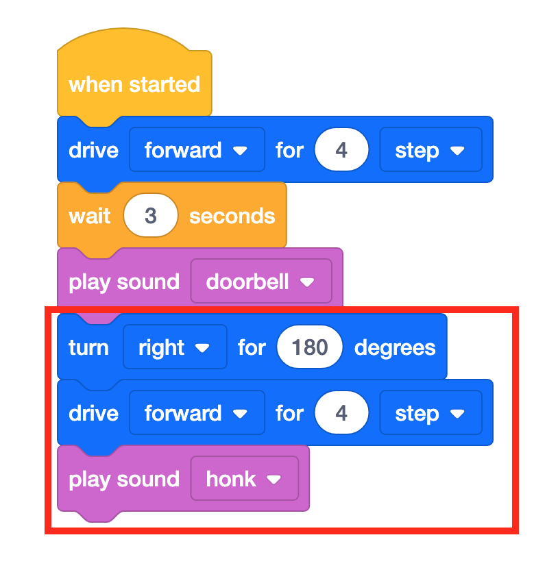 Continuation of the VEXcode 123 Blocks program with three new blocks added to the end of it. The completed project reads When started, drive forward for 4 steps, wait 3 seconds, and then play sound doorbell. Next, turn right for 180 degrees, drive forward for 4 steps, and finally play sound honk.