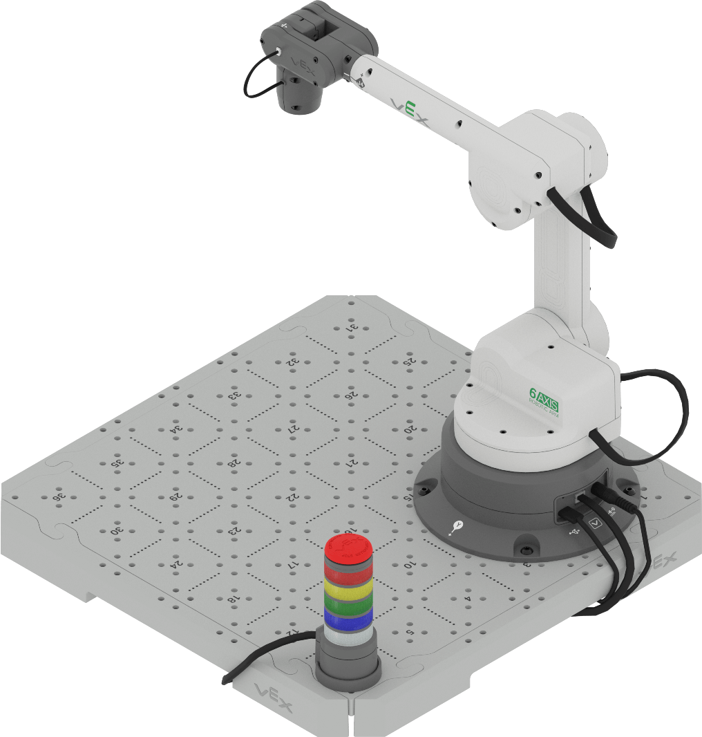 CTE Workcell setup with platform, signal tower, and robotic arm.