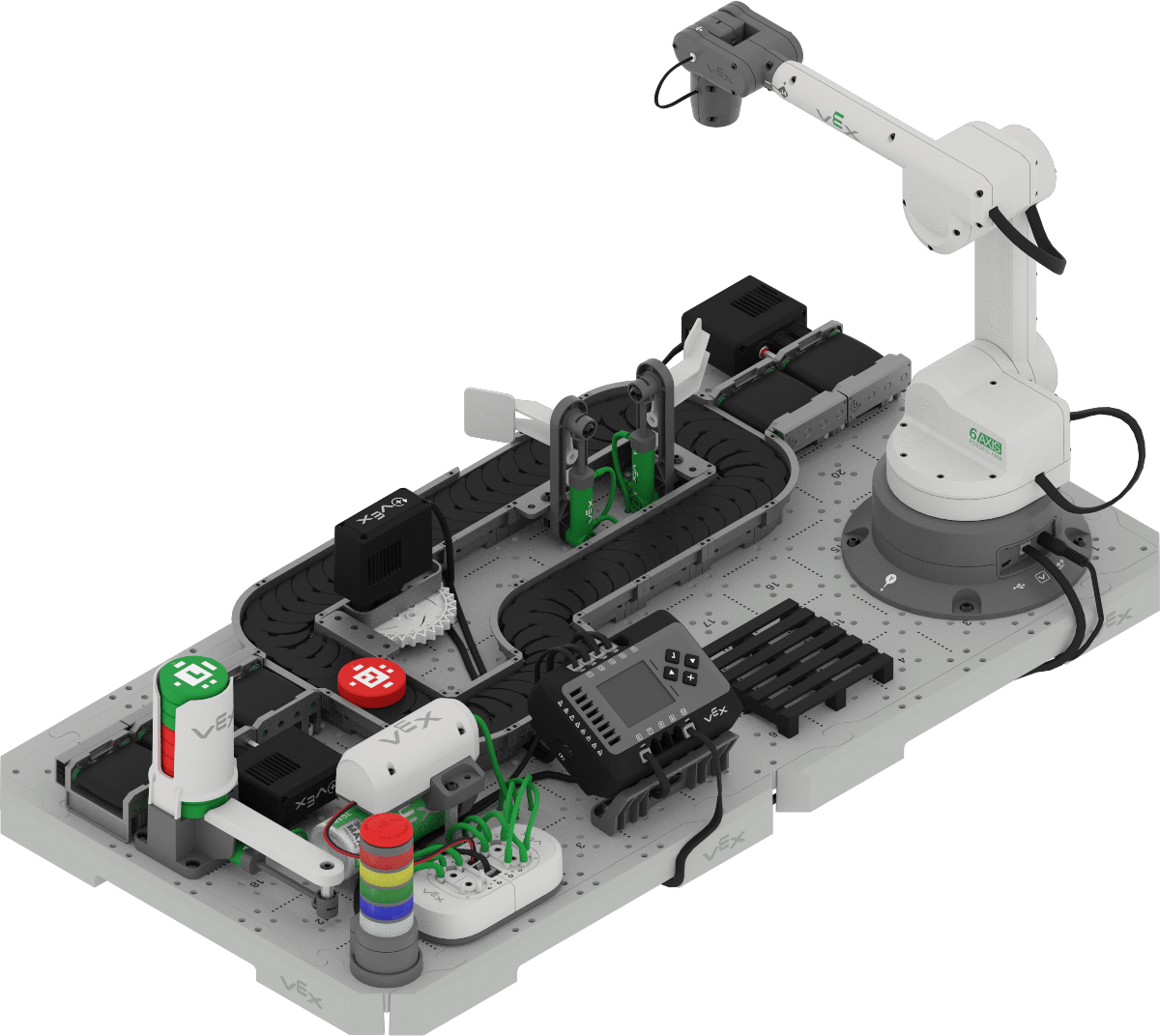 CTE Workcell setup with two connected platforms, the robotic arm, conveyor belts, the signal tower, and a pneumatic system.