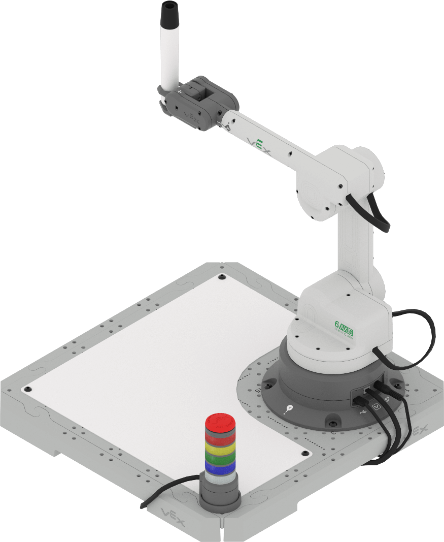 6 Axis Arm with pen attachment and whiteboard attached to the tile.